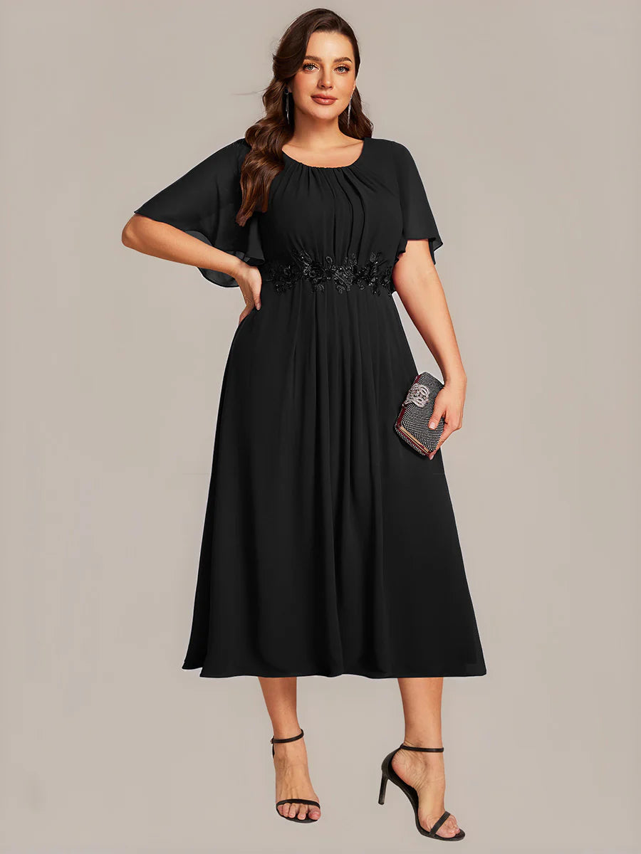 Plus Size Wholesale Short Sleeve Ruffle A-Line Midi Dress with Floral Appliques Evening Dresses