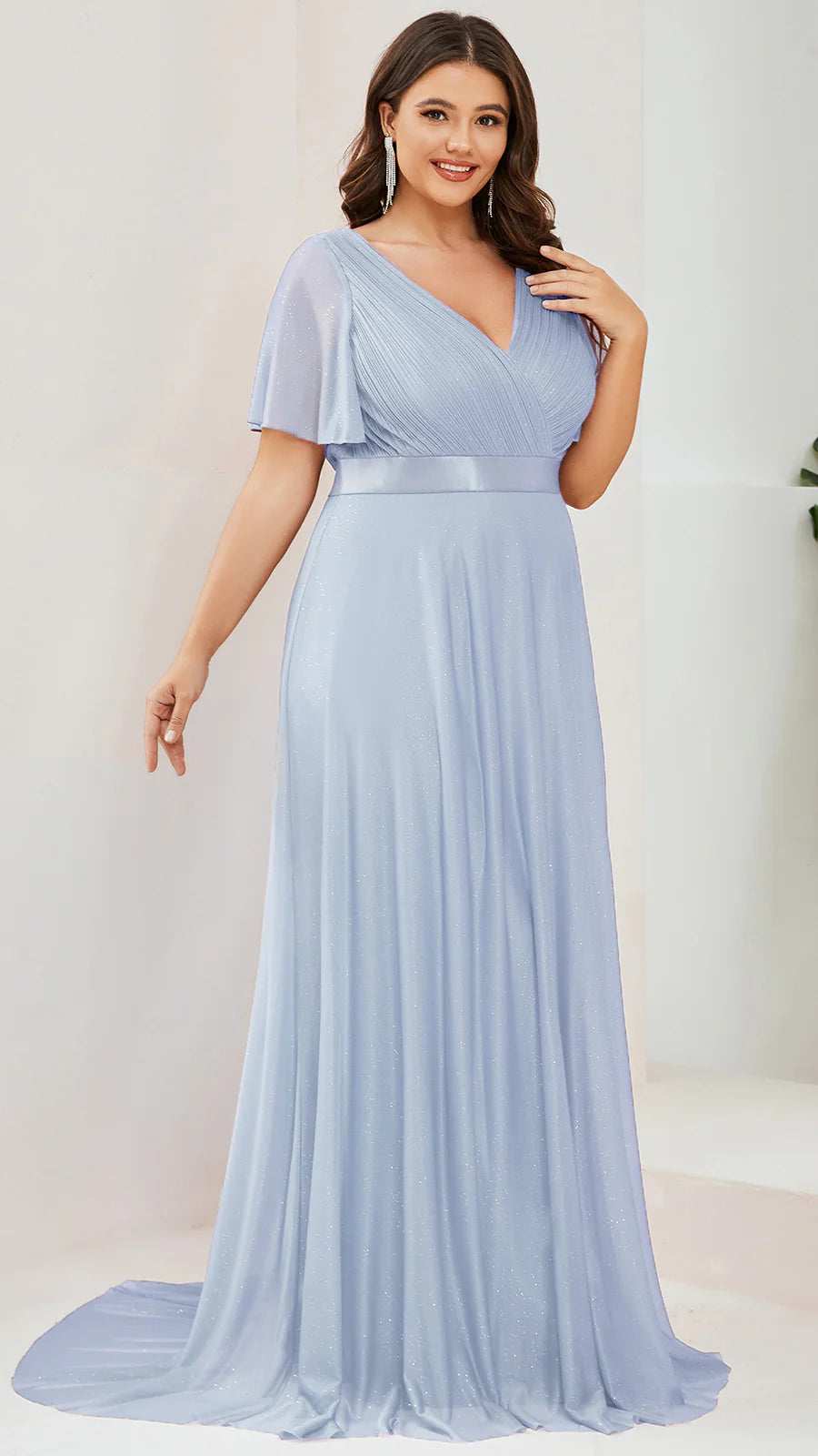 Plus Size Deep V Neck Ruffles Sleeve A Line Wholesale Evening Dresses