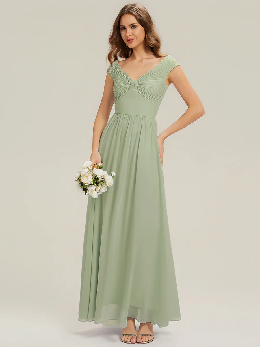 Commercial Wholesale Sleeveless Off Shoulder Deep V-Neck Pleated A-Line Floor Length Bridesmaid Dresses