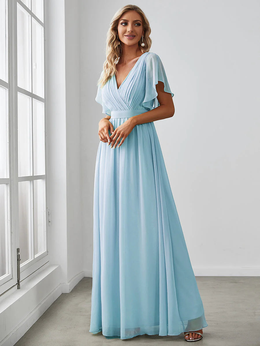 A Line Wholesale Evening Dresses with Deep V Neck Ruffles Sleeves
