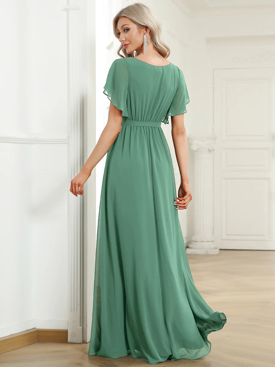 A Line Wholesale Evening Dresses with Deep V Neck Ruffles Sleeves