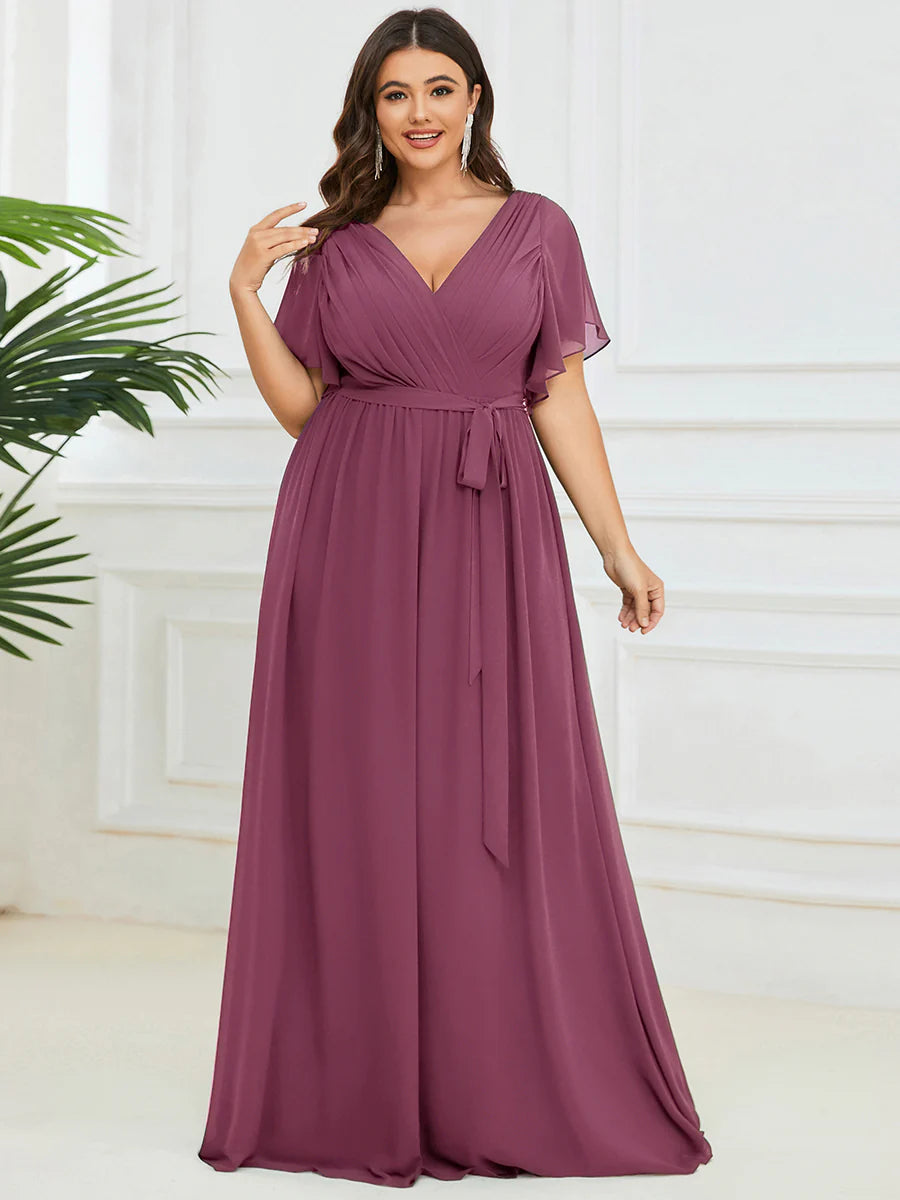 Short Sleeve Ruffle Deep V-Neck A-Line Floor Length Evening Dresses