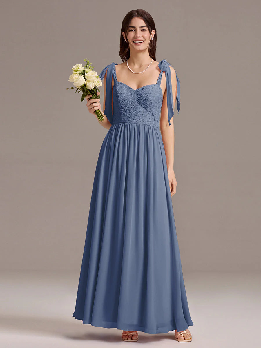 Chiffon Sweetheart Neck Bow Tie Backless A-Line Lace Bridesmaid Dress