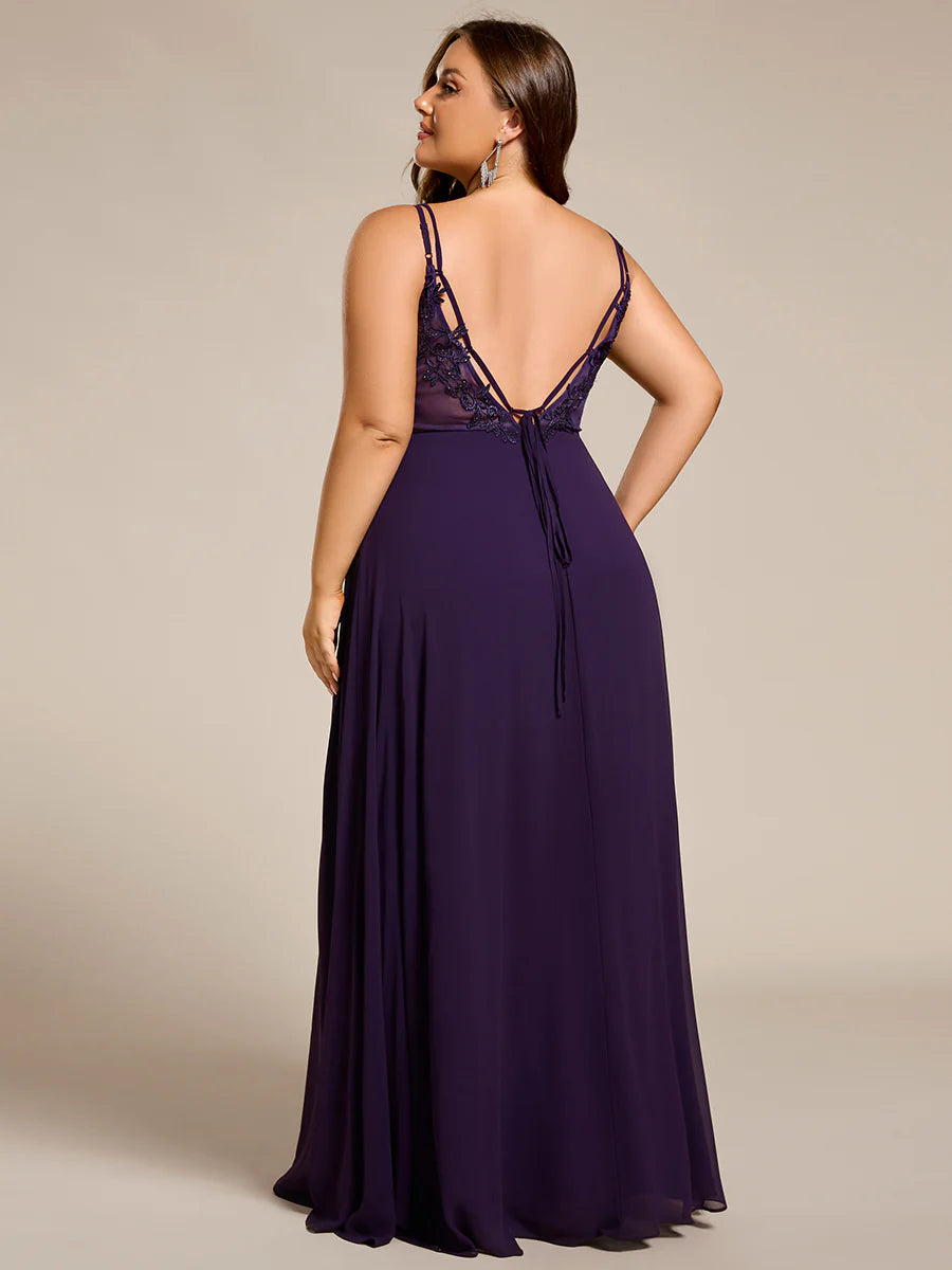 Plus Size Sleeveless V-Neck Appliques A-Line Floor Length Bridesmaid Dresses