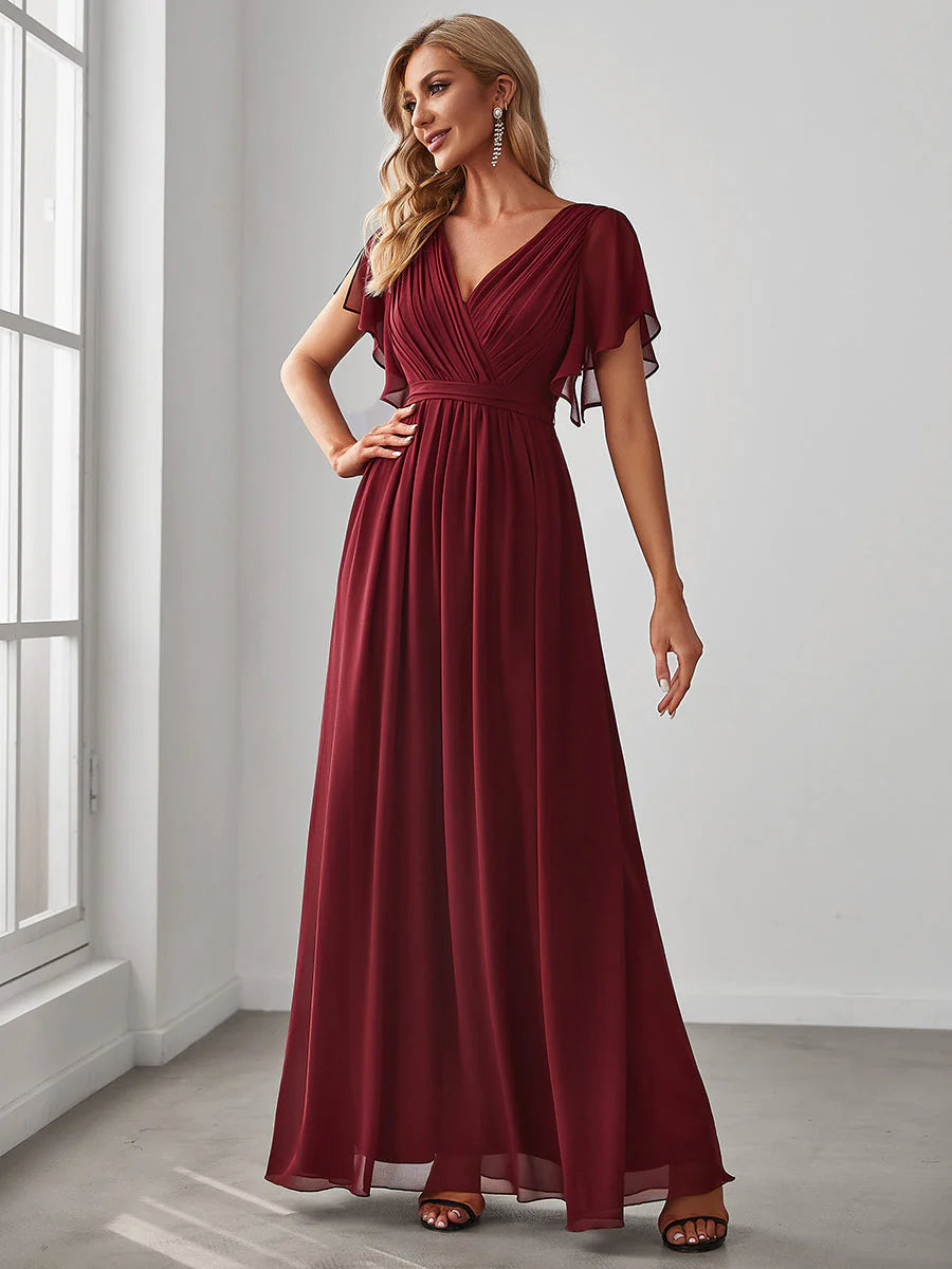 A Line Wholesale Evening Dresses with Deep V Neck Ruffles Sleeves