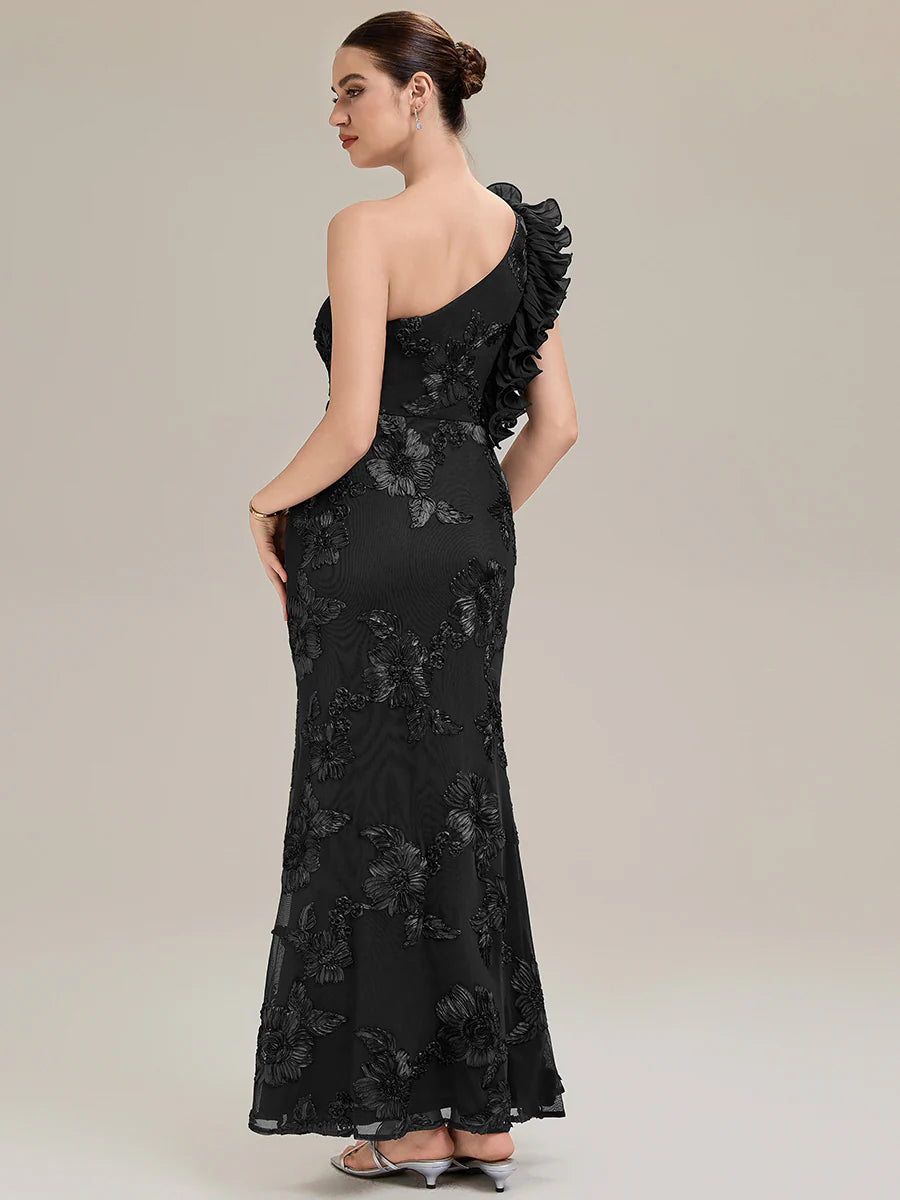Custom Made One Shoulder Sleeveless Floral Jacquard Fishtail Evening Dresses