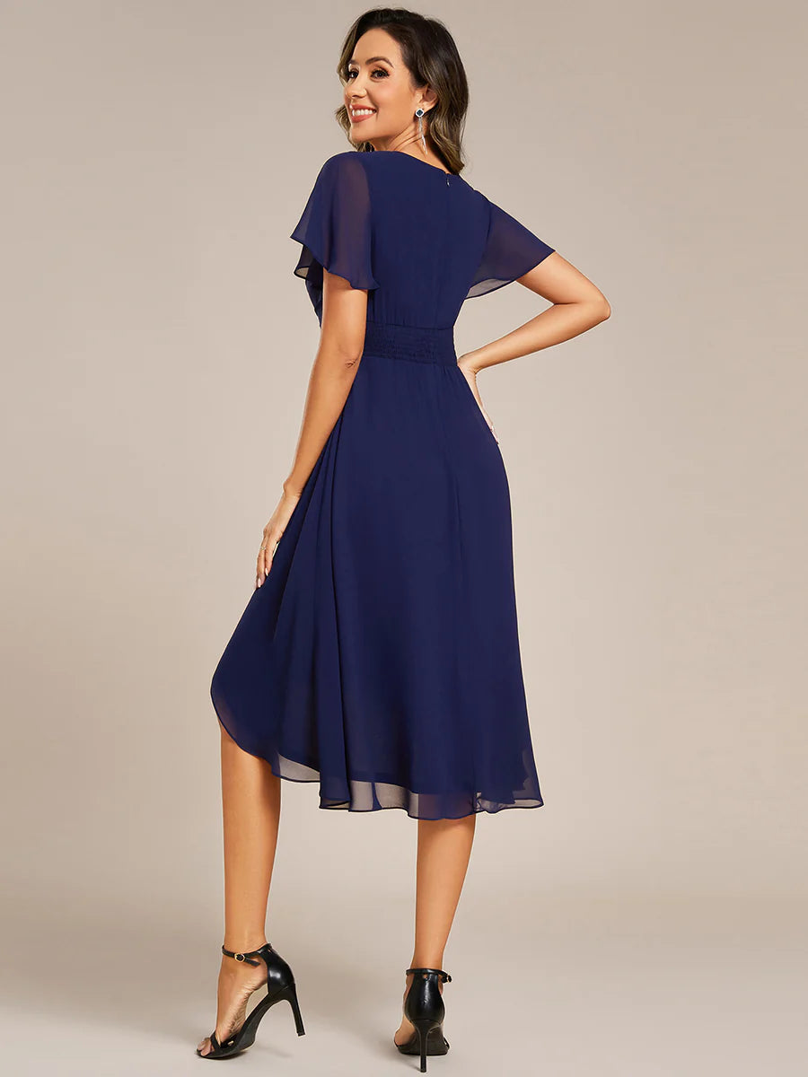 Short Sleeve Ruffled V-Neck Pleated Asymmetrical Midi Wedding Guest Dresses