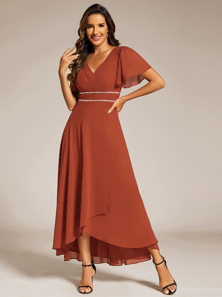 Elegant Asymmetrical A-Line Skirt Nine-Length Chiffon Dresses with Ruffles Sleeves