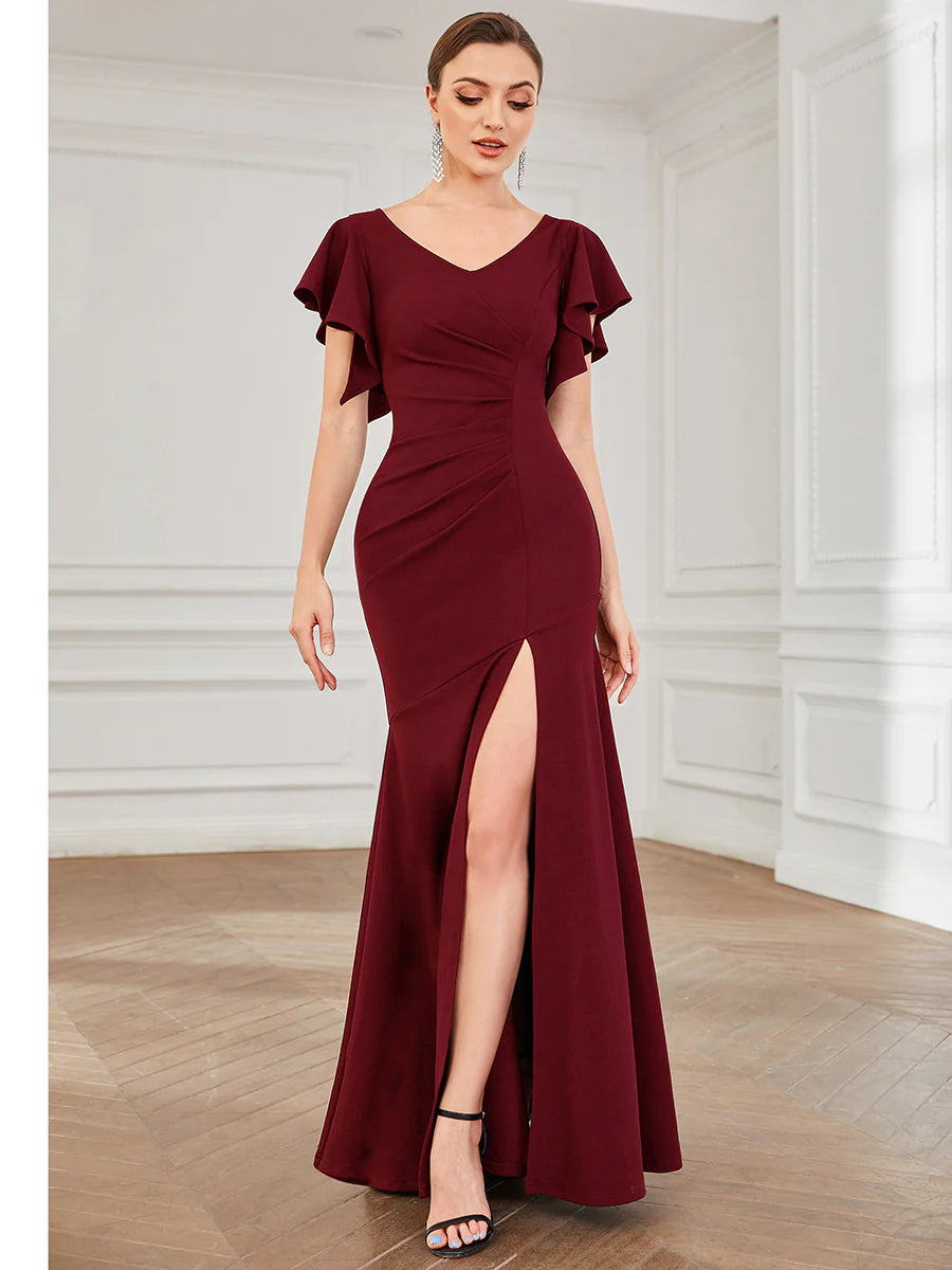 Deep V Neck Short Ruffles Sleeves Split Wholesale Evening Dresses