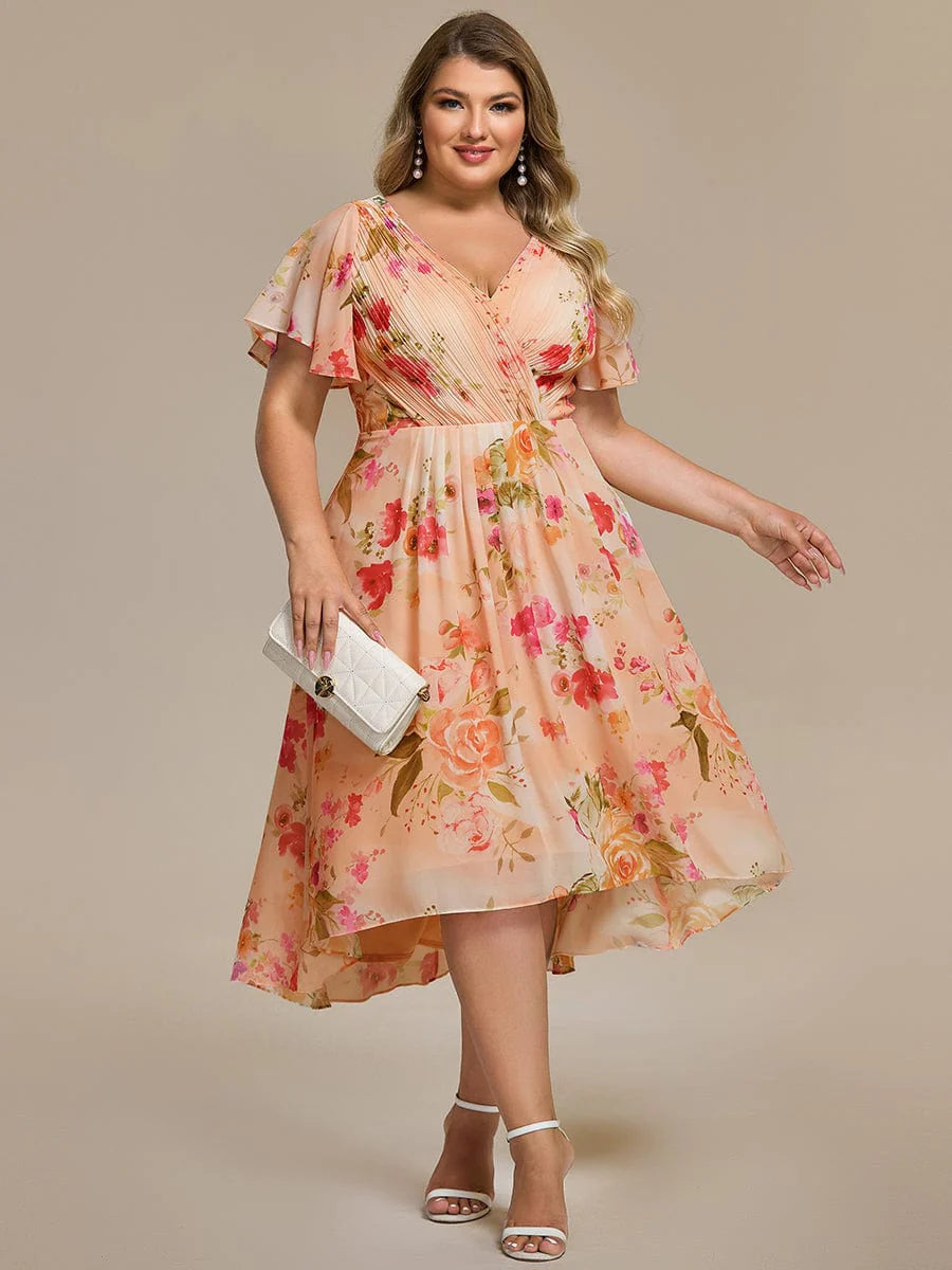 Chic V Neck High-Low Short Sleeve Wedding Guest Dress