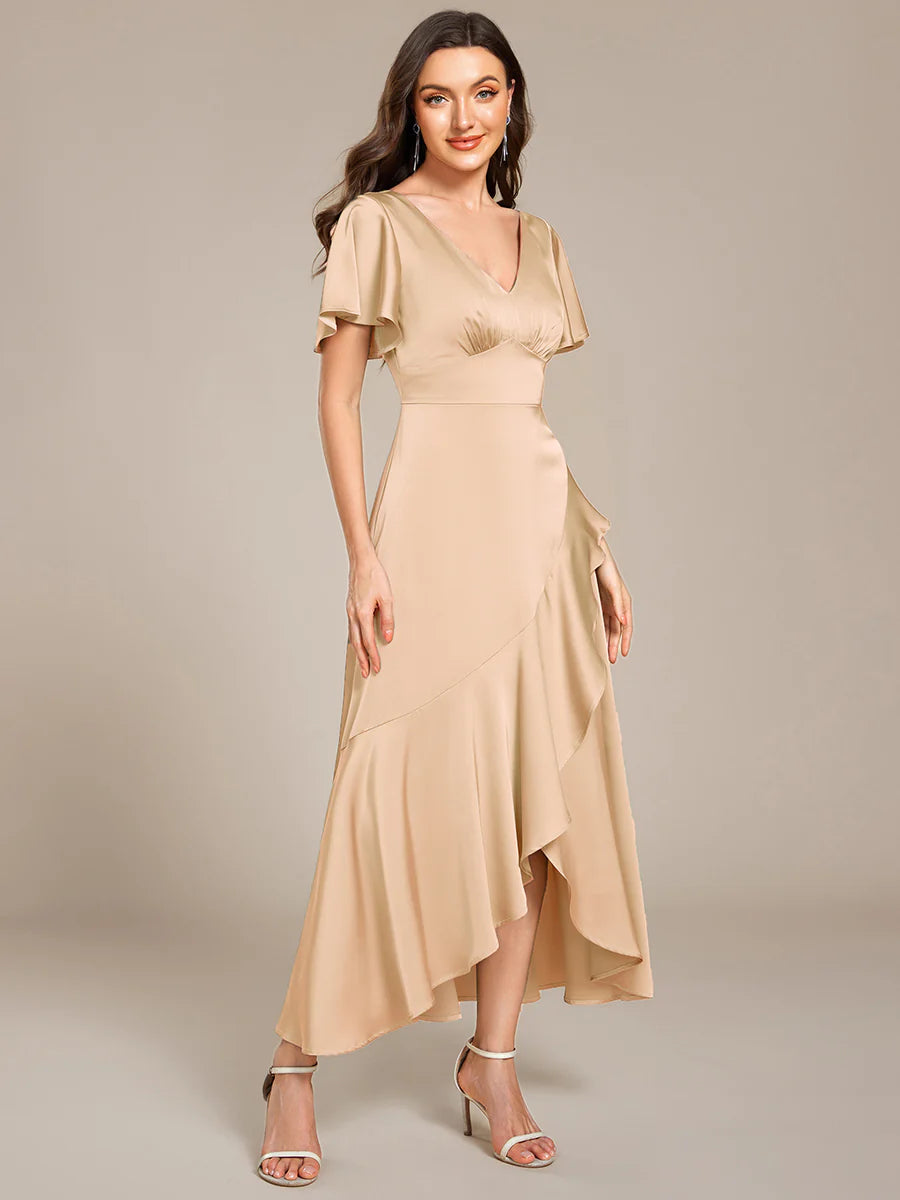 Short Sleeve Ruffled V-Neck Asymmetrical Hem Midi Bridesmaid Dress