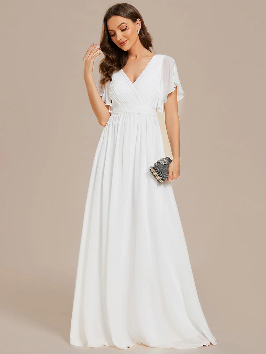 A Line Wholesale Evening Dresses with Deep V Neck Ruffles Sleeves