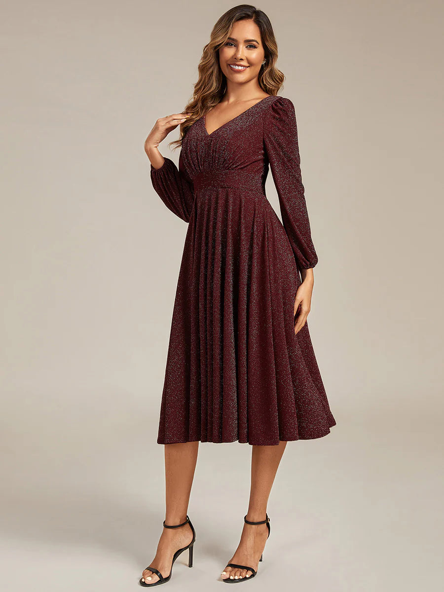 Long Sleeve V-Neck Gathered A-Line Midi Wedding Guest Dresses