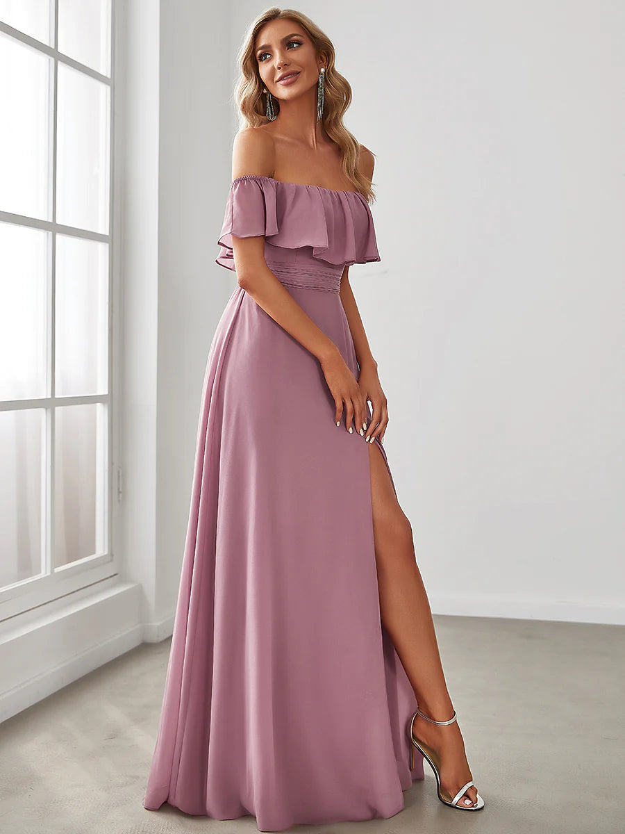 Women's Off Shoulder Ruffle Thigh Split Wholesale Bridesmaid Dresses