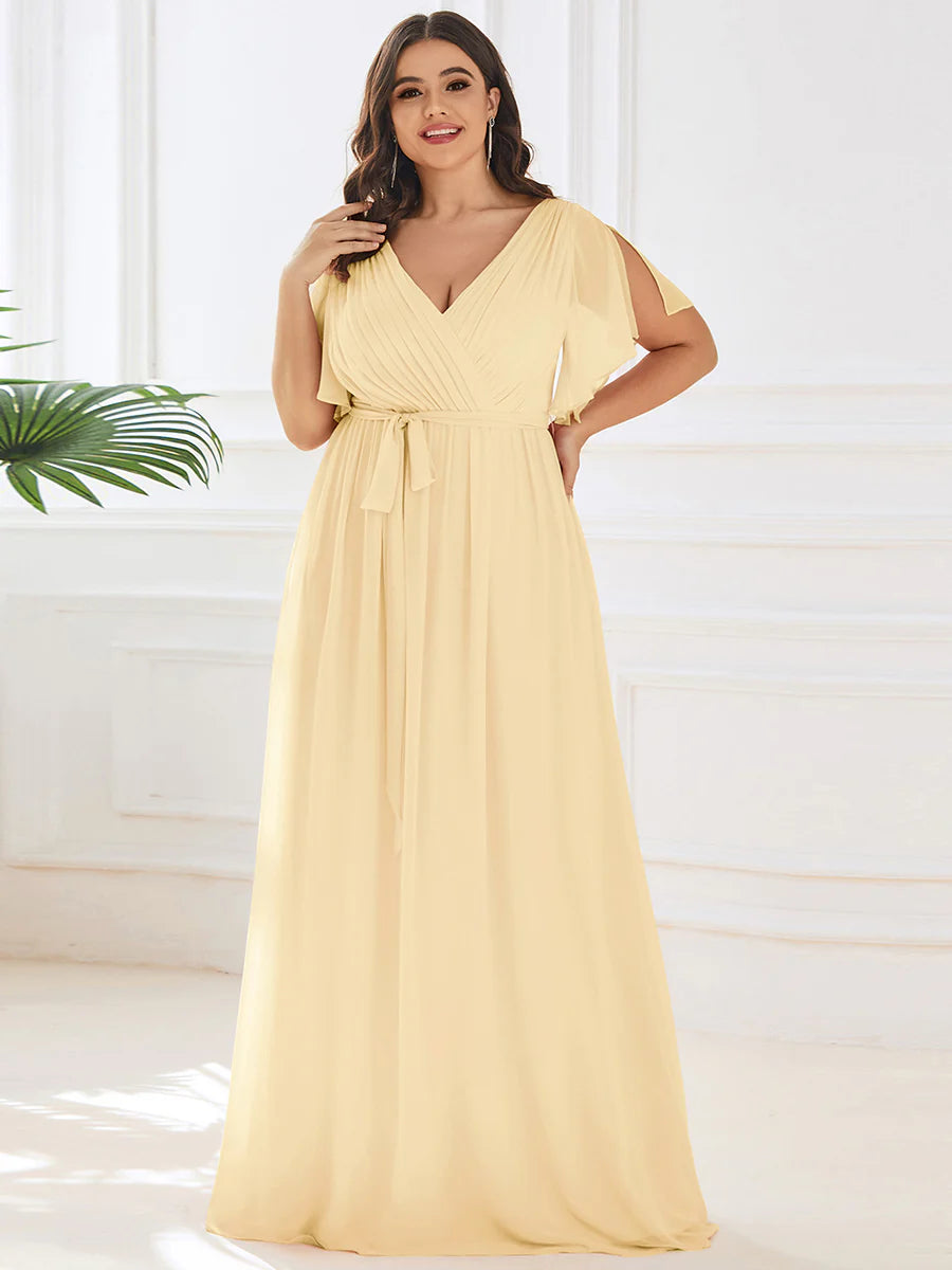 Short Sleeve Ruffle Deep V-Neck A-Line Floor Length Evening Dresses