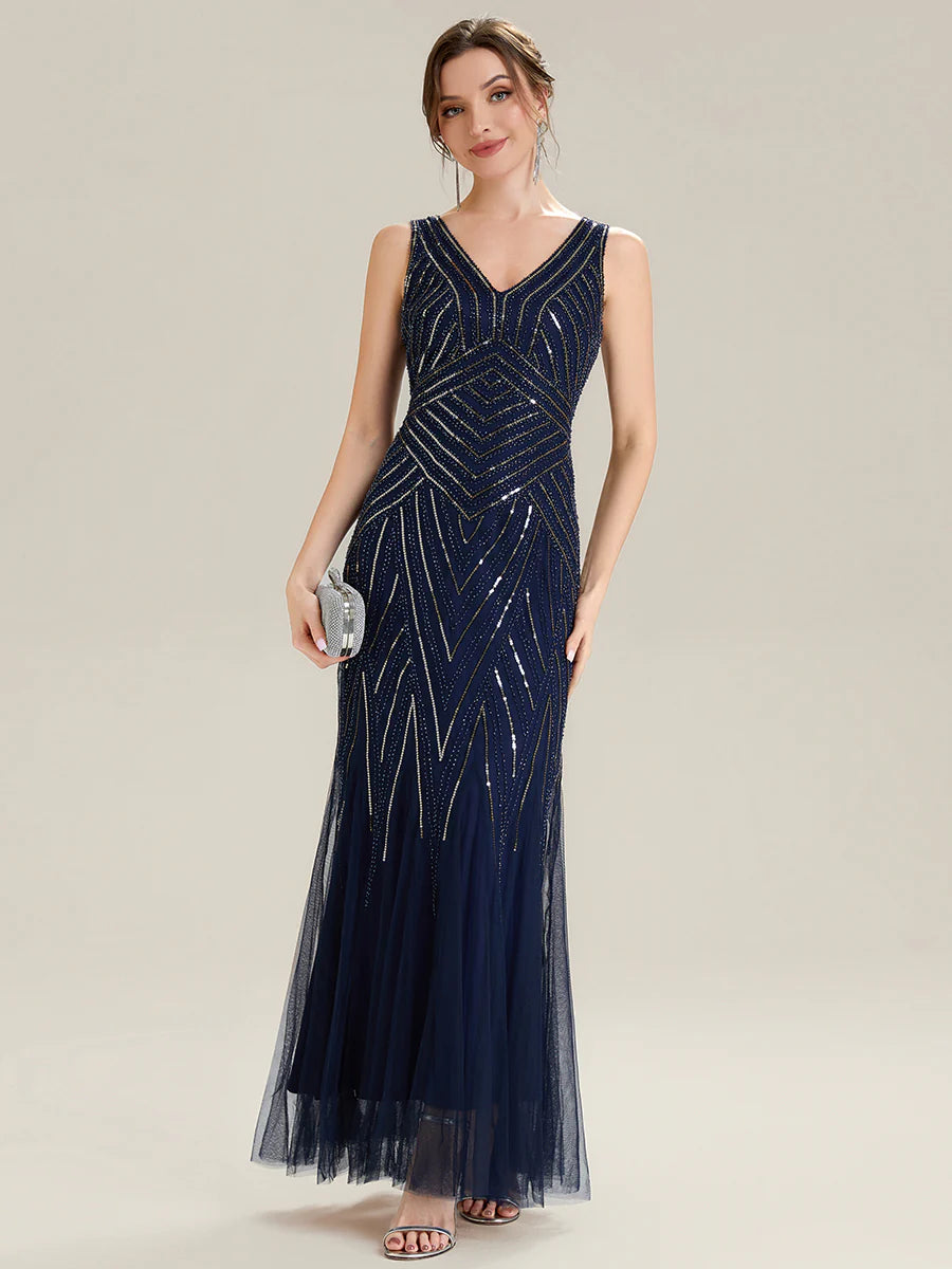 Commercial Wholesale Sleeveless High Stretch Fishtail Beaded V-Neck Evening Dresses
