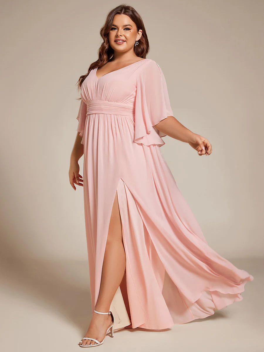 Plus V Neck Pleated Belt Wholesale Chiffon Bridesmaid Dresses