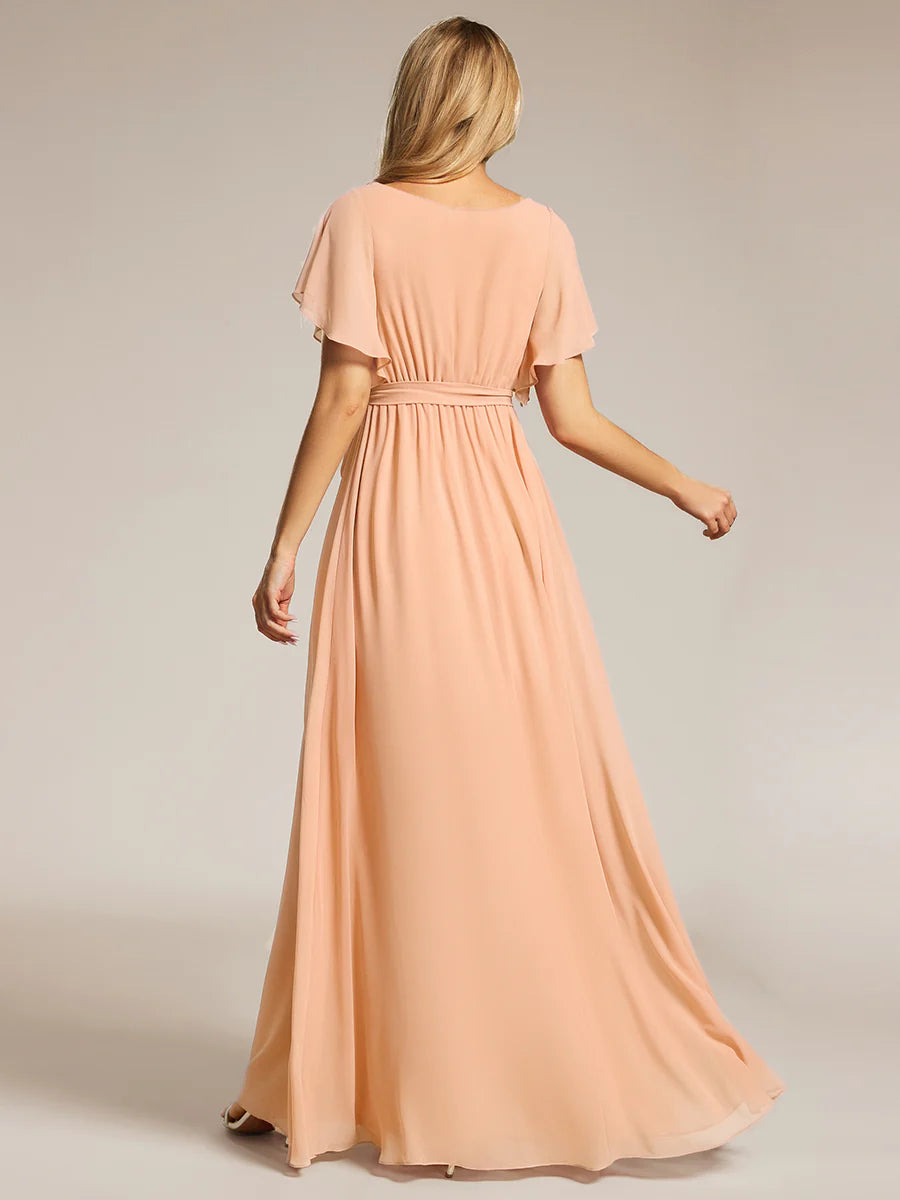 Short Sleeve Ruffle Deep V-Neck A-Line Floor Length Evening Dresses