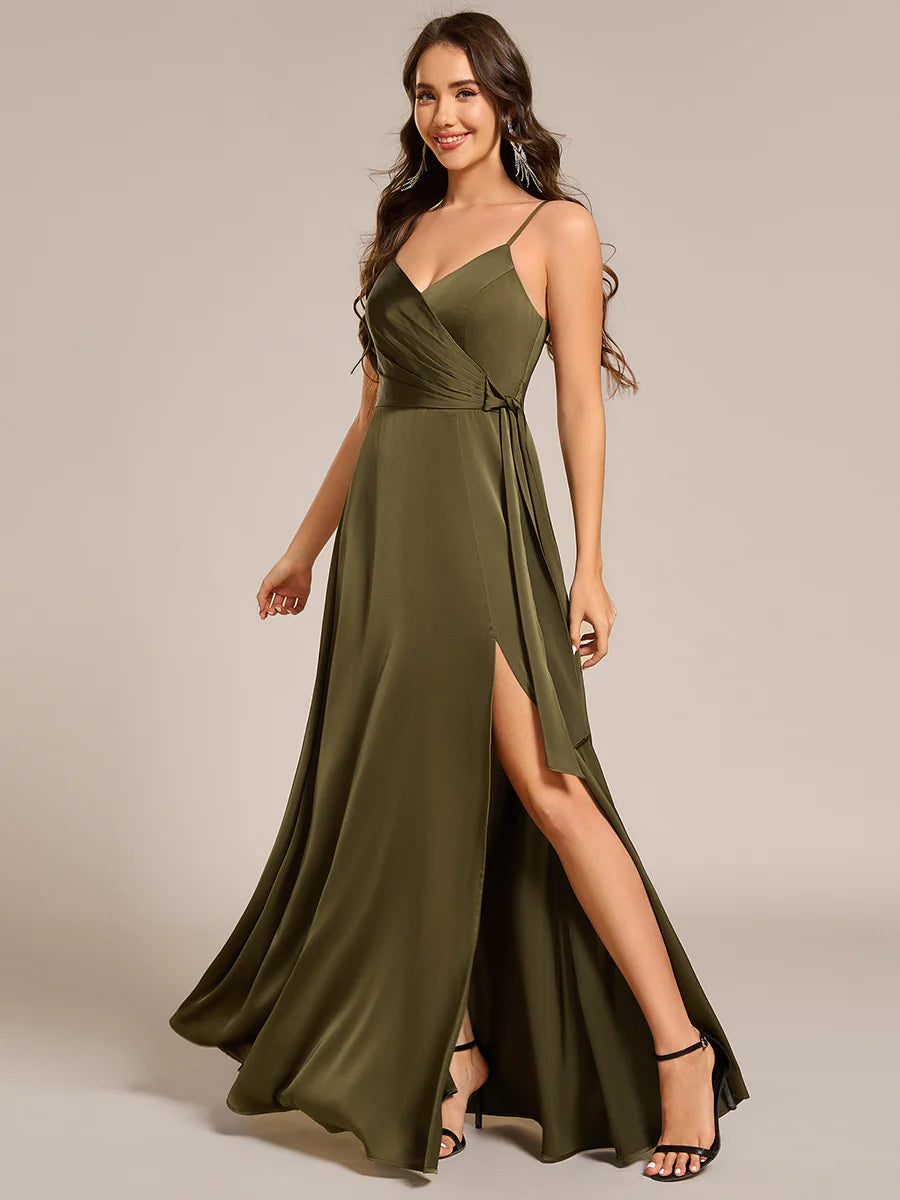 Elegant Floor-Length Spaghetti Straps Split Satin Bridesmaid Dress with Streamer