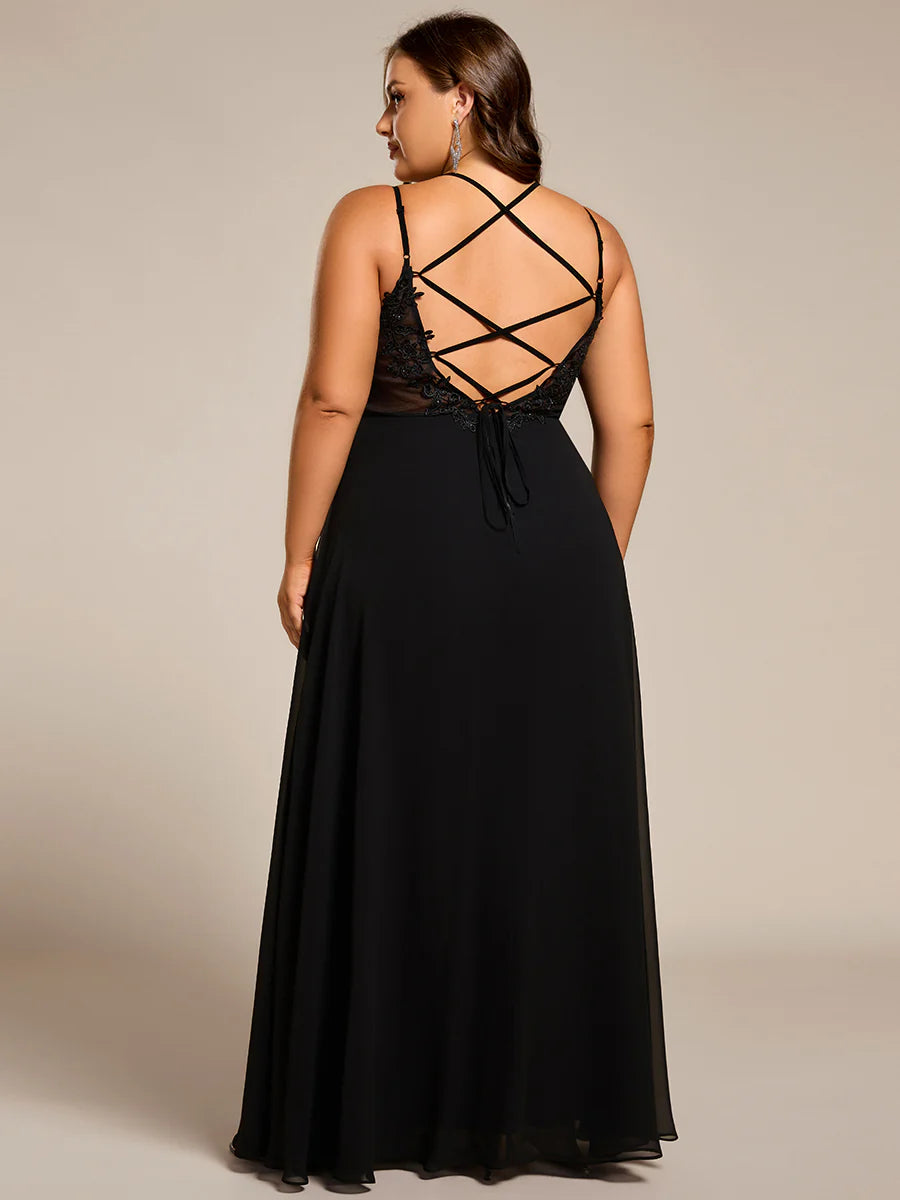 Plus Size Sleeveless V-Neck Appliques A-Line Floor Length Bridesmaid Dresses