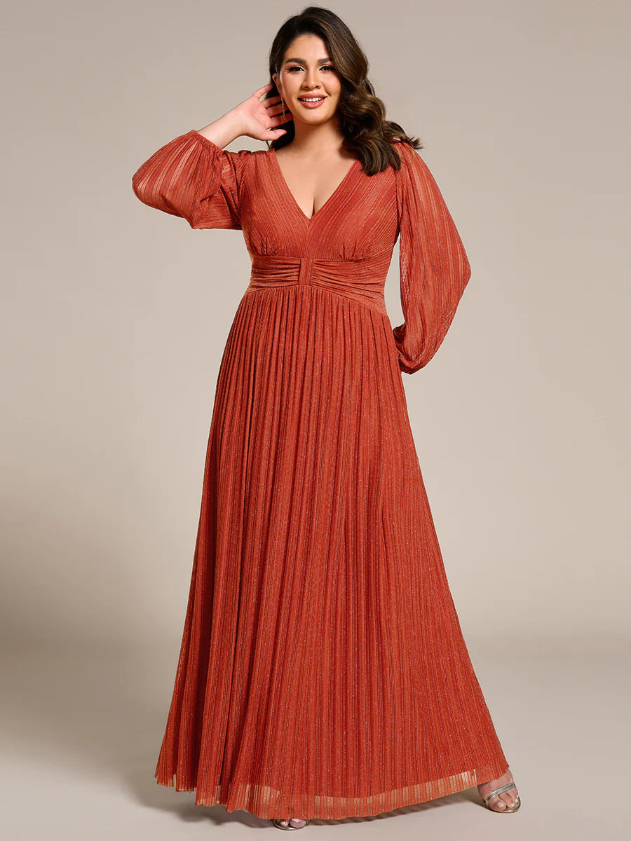 Plus Size Maxi Long Chiffon Waist  V Neck Wholesale Evening Dress with Long Sleeves