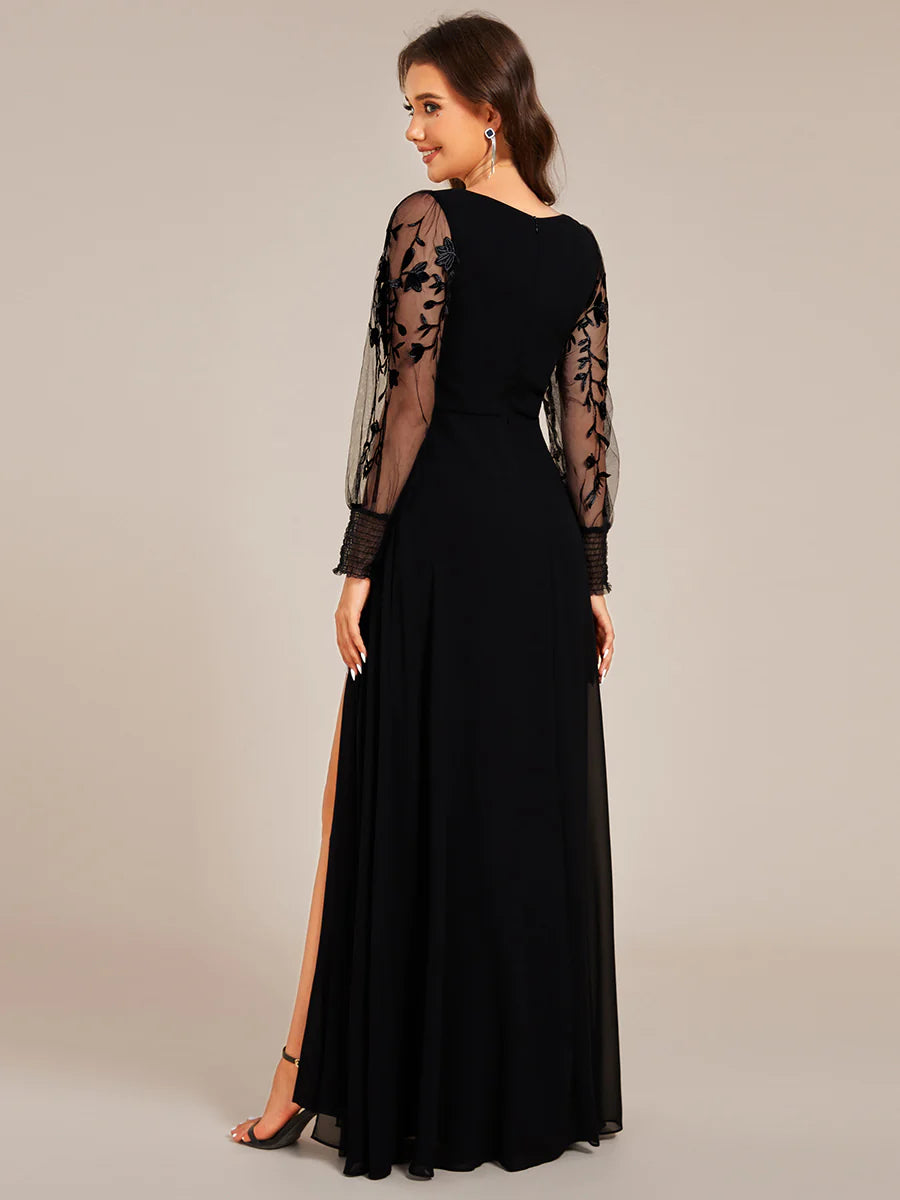Elegant Embroidery See-Through Design Long Sleeves Floor Length Side Split Hem Chiffon Evening Dresses