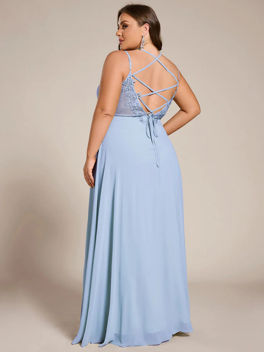 Plus Size Sleeveless V-Neck Appliques A-Line Floor Length Bridesmaid Dresses