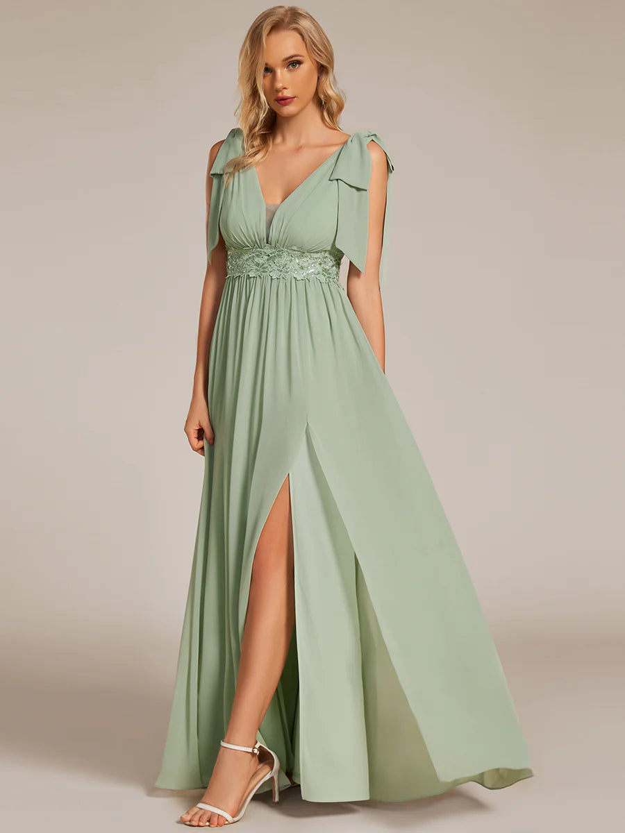 Elegant Bowknot Sleeveless Side Split Floor Length Chiffon Bridesmaid Dresses