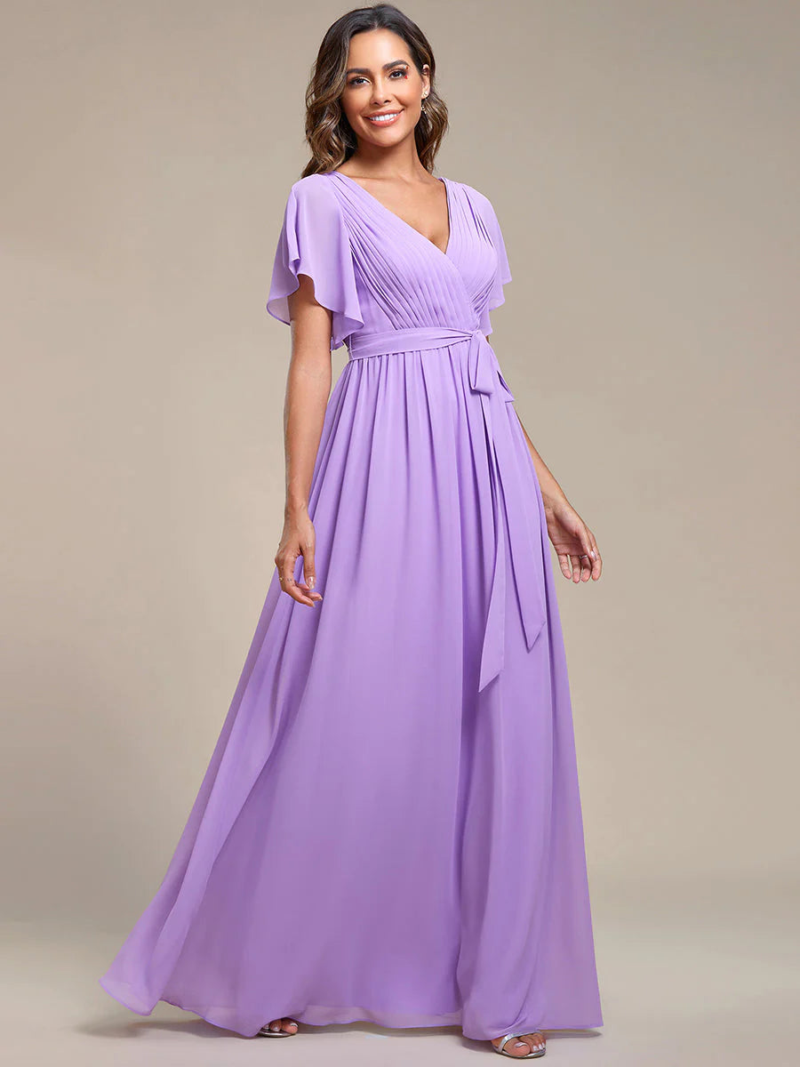 A Line Wholesale Evening Dresses with Deep V Neck Ruffles Sleeves