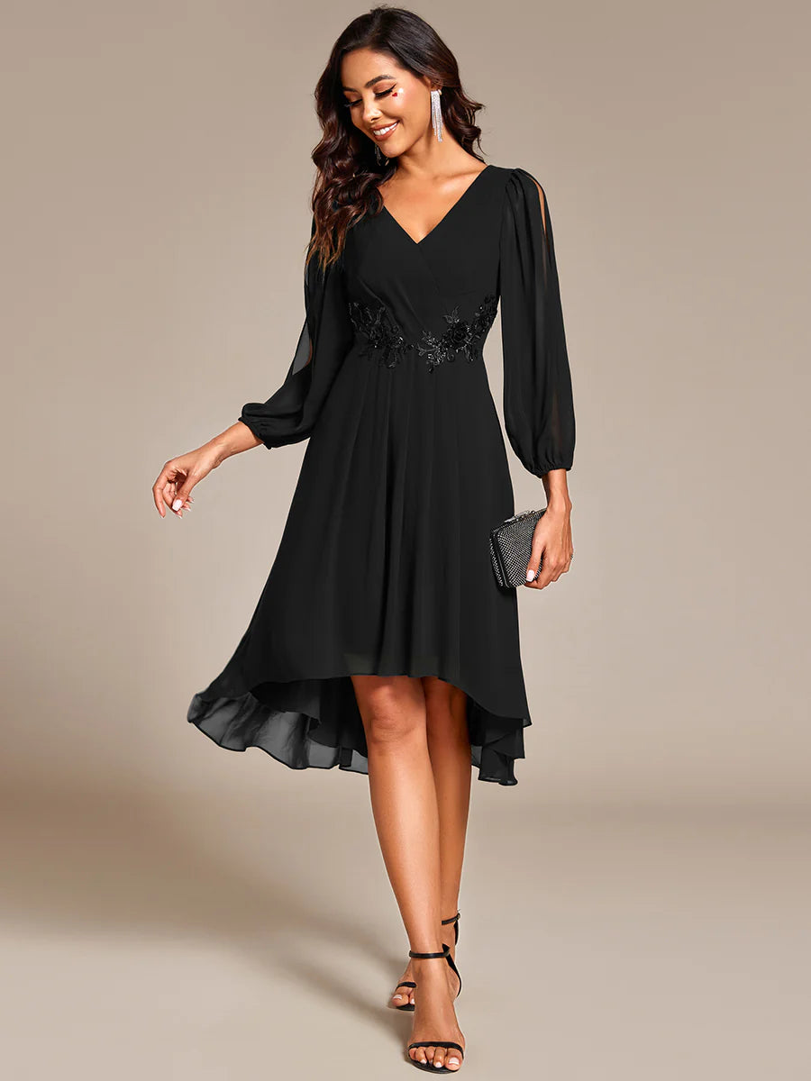 Elegant Lantern Sleeve Applique Empire Waist Midi-Length Chiffon Evening Dresses with Asymmetrical Hem