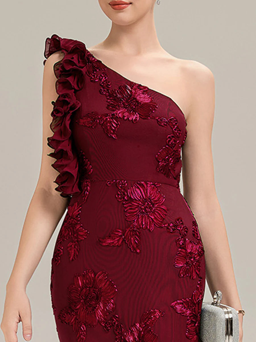 Custom Made One Shoulder Sleeveless Floral Jacquard Fishtail Evening Dresses