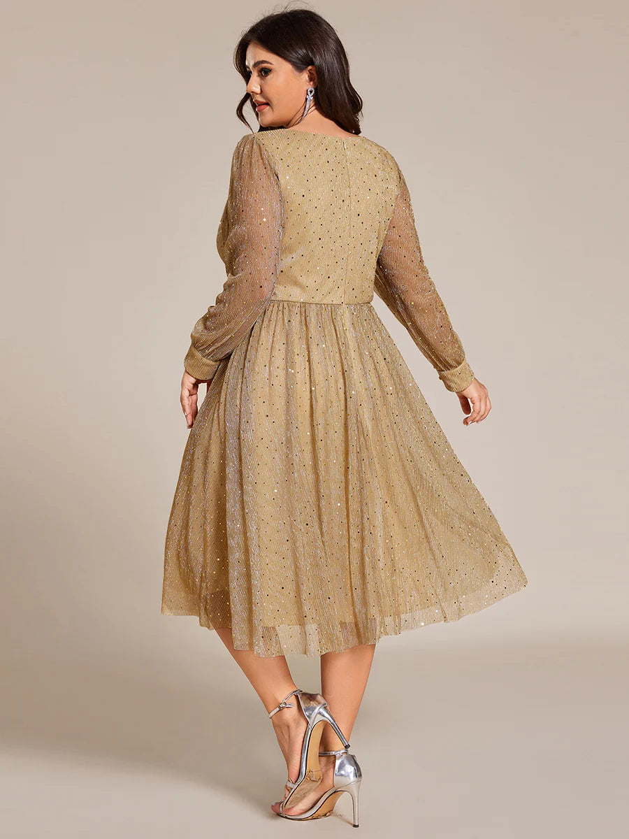 Plus Size Elegant Long Lantern Sleeve Midi Length Sequin Tulle Dresses with Shimmer Decoration