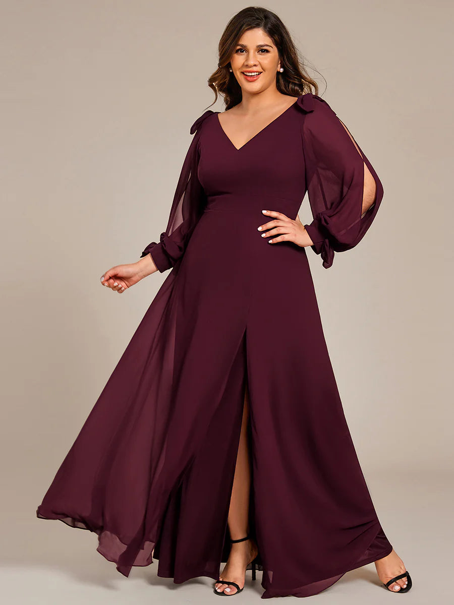 Plus Size Long Lantern Sleeves A Line V Neck Wholesale Bridesmaid Dresses