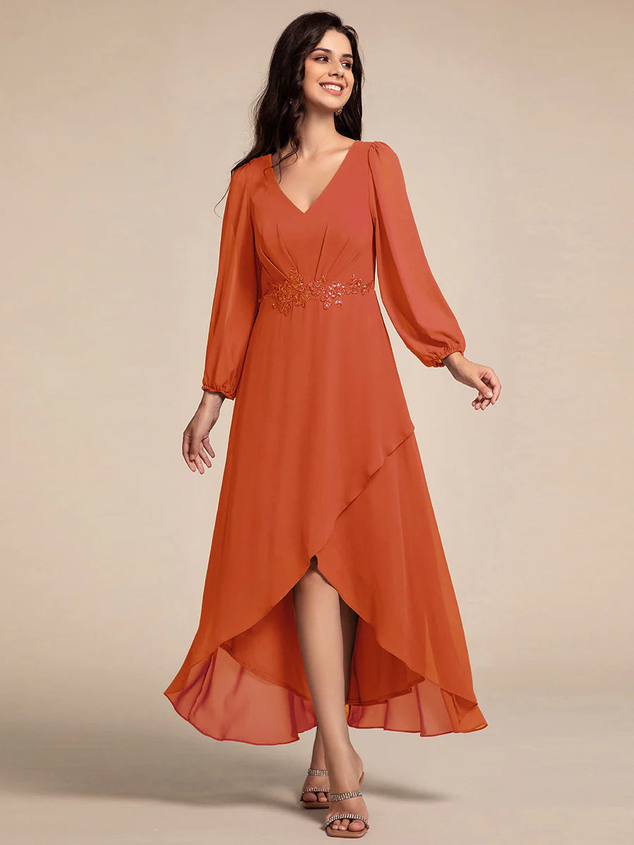 Elegant Applique Empire Waist Nine-Length Chiffon Evening Dresses with Regular fold stream Asymmetrical Hem