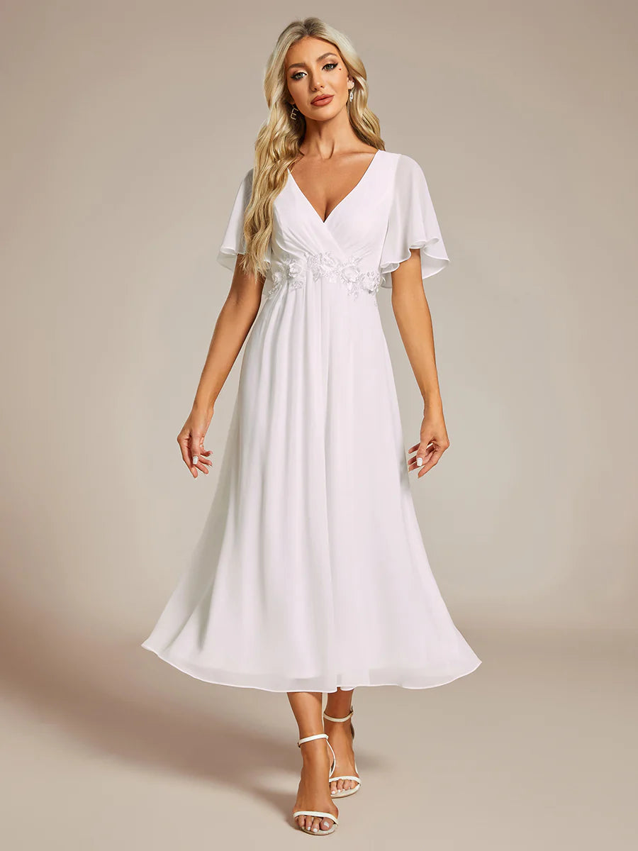 Applique V Neck Tea Length Wedding Guest Dress With Short Sleeves