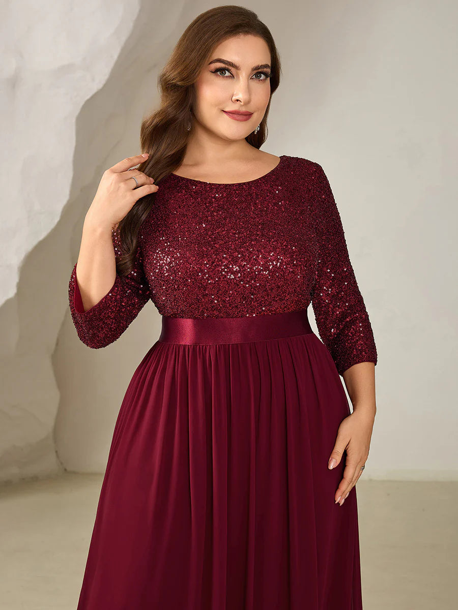 Plus Size 3/4 Sleeve Sequin Patchwork A-Line Floor Length Evening Dresses
