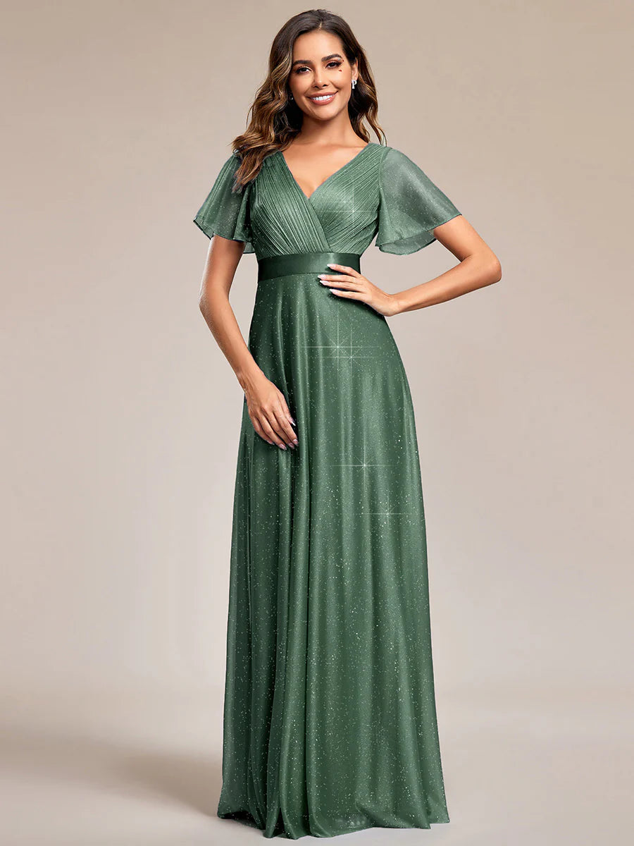 Deep V Neck Ruffles Sleeve A Line Wholesale Evening Dresses