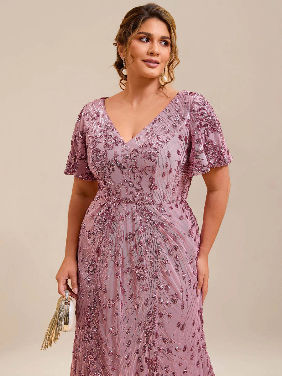 Plus Size Strapless Deep V-Neck Fishtail Paillette Midi Evening Dresses