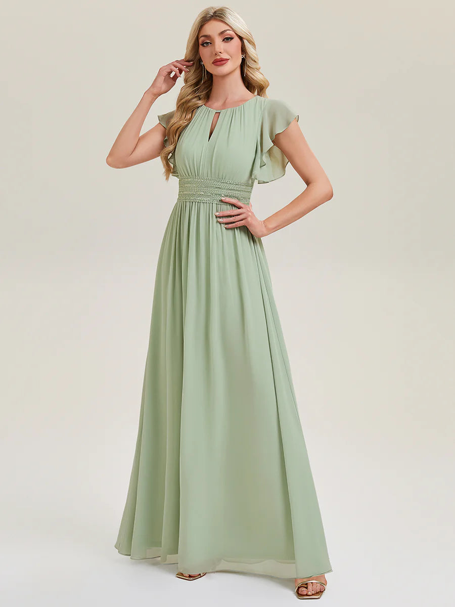 Short Sleeve Ruffled Ruched Backless A-Line Floor Length Bridesmaid Dresses