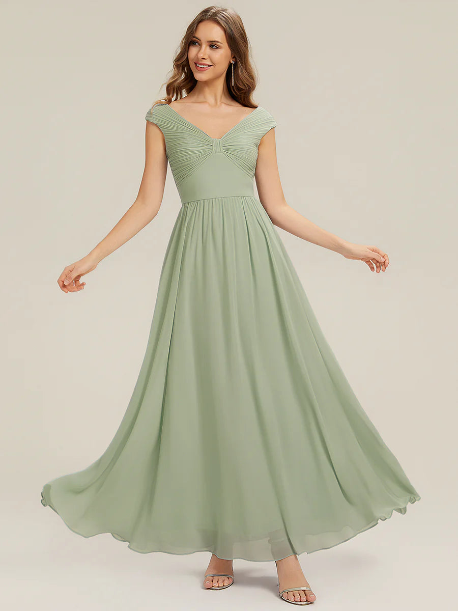 Commercial Wholesale Sleeveless Off Shoulder Deep V-Neck Pleated A-Line Floor Length Bridesmaid Dresses