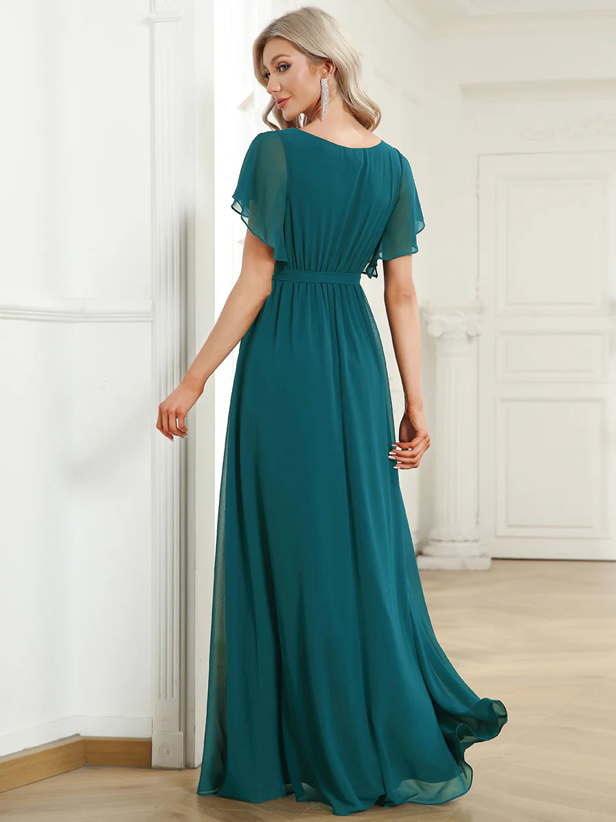 A Line Wholesale Evening Dresses with Deep V Neck Ruffles Sleeves