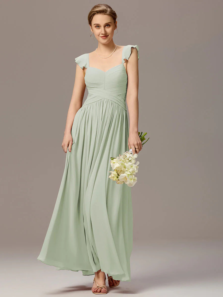 Wholesale Custom Made Back-Tie Pleated Ruffles Sleeves Bridesmaid Dress
