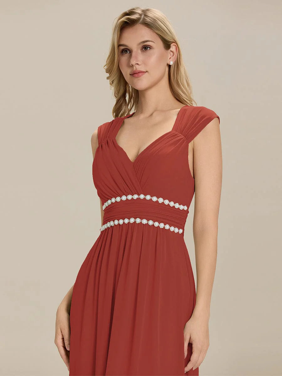 Custom Made Sleeveless Pleated Deep V-Neck A-Line Floor Length Dress; Bridesmaid Dresses