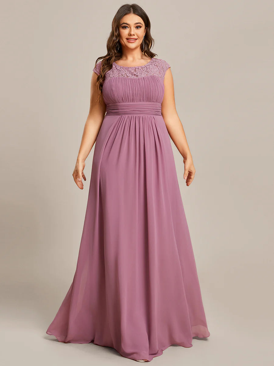 Plus Cap Sleeve A Line Wholesale Lace & Chiffon Evening Dresses
