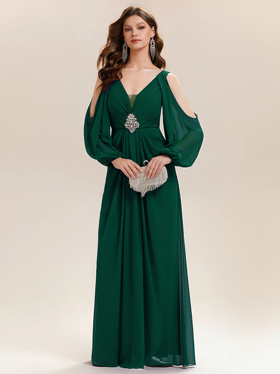 Volume Discounts Long Sleeve Lantern Sleeve A-Line Floor Length V-Neck Wedding Guest Dresses