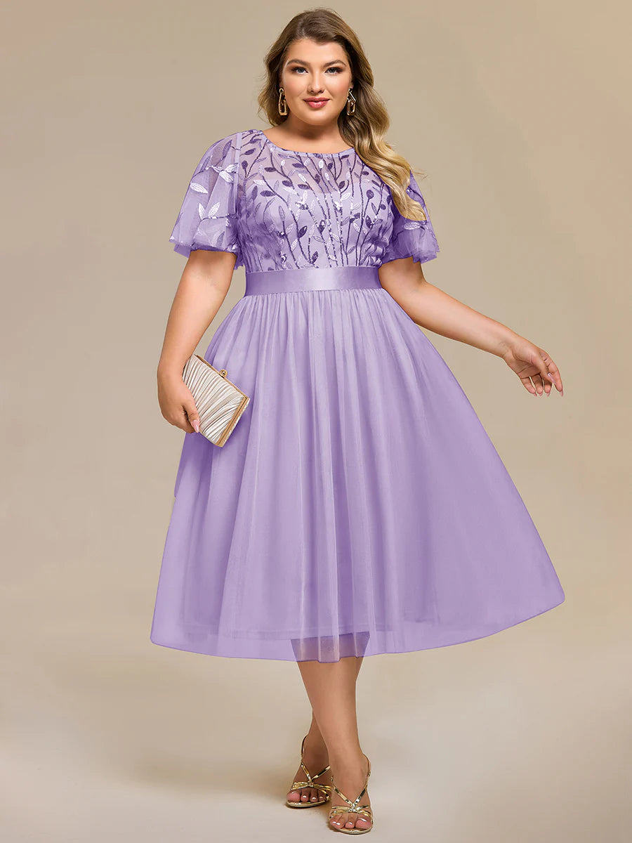 Bulk Order | Plus Size Fit A-Line Deep V-Neck Evening Gown | Ruffled Short Sleeve Midi Dress