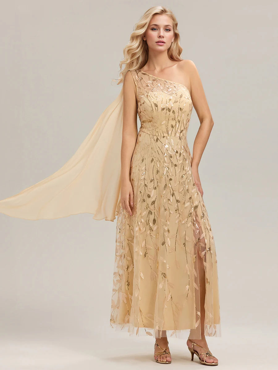 One Shoulder Sleeveless Sequin A-Line Maxi Wedding Guest Dress