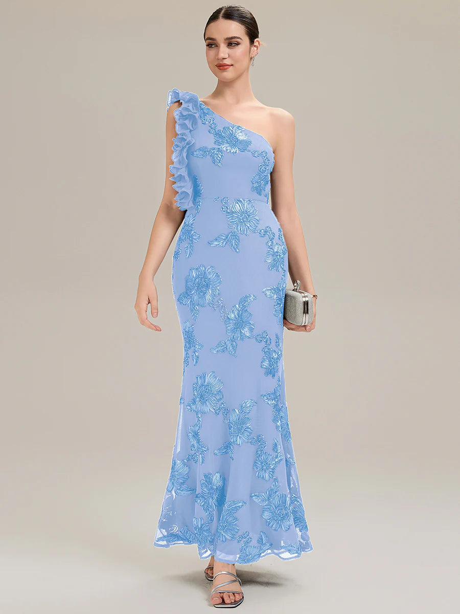 Custom Made One Shoulder Sleeveless Floral Jacquard Fishtail Evening Dresses