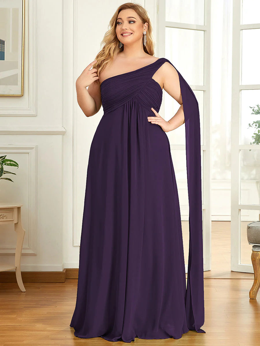One Shoulder Chiffon Ruffles Plus Size Long Evening Dresses