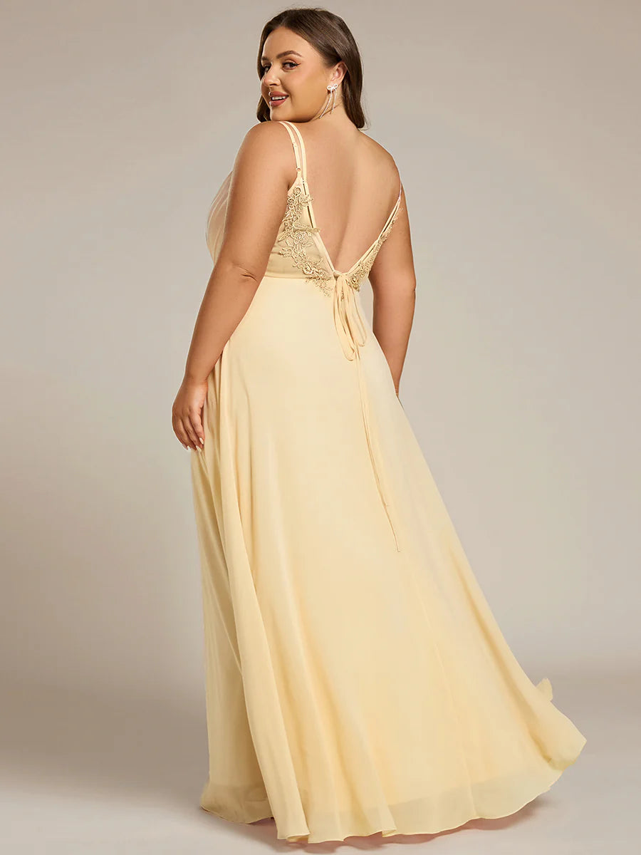 Plus Size Sleeveless V-Neck Appliques A-Line Floor Length Bridesmaid Dresses